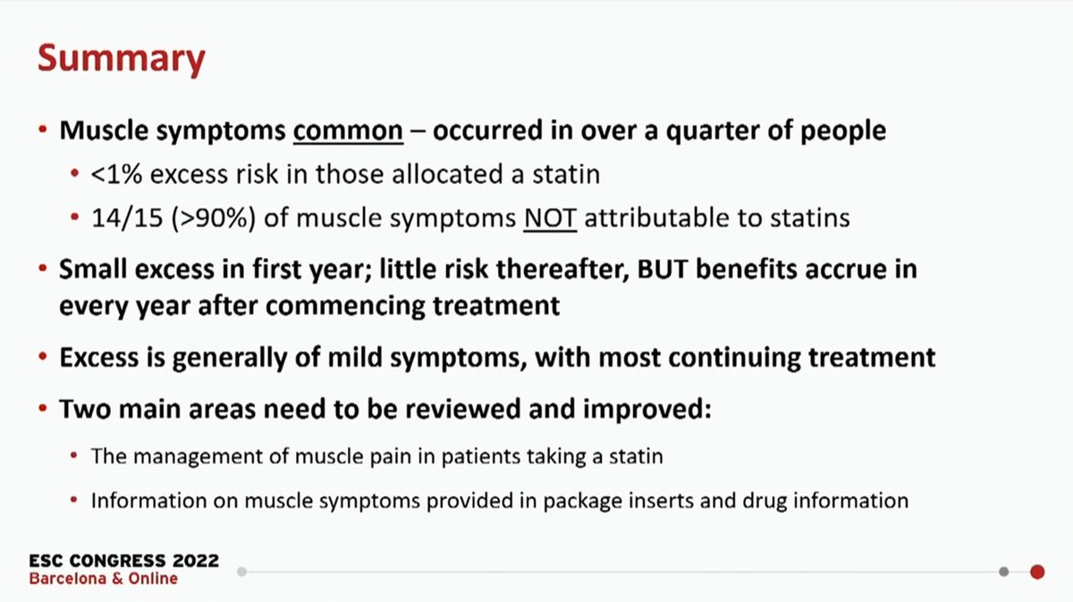 Statins and muscle symptoms - metanalysis presented by Colin Baigent at #ESCCongress showed that muscle symptoms are common, but 93% are NOT attributable to statins

Full paper (open access) : thelancet.com/journals/lance…