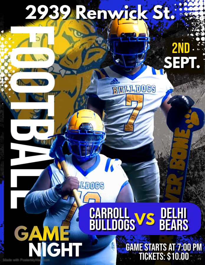 CHSBulldogs2939's tweet photo. ITS GAME WEEK!!!!! Bulldog Nation the season has officially begun as we are set to take on Delhi in our own backyard! Come out and support your Bulldogs and be our 12th man on the field. Let’s go!!! #CarrollStrong🐾🐾🐾 #PackDaPound #ProtectDaPound #TurnoverBone🦴 #CHSFB🏈 https://t.co/2iO5YSP3mv