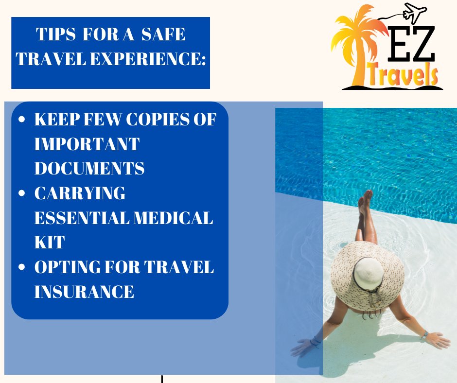 EZTravelsLLC's tweet image. Tips  for a  Safe Travel experience:
Keep few copies of Important Documents
Carrying Essential Medical Kit
Opting for Travel Insurance
#safetravelling #carrymedicalkit #carryessentials #getyourtravellinginsured #travellingsafewithinsurance #travelaroundtheworld