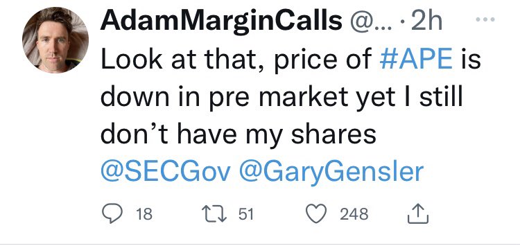 tendies_bananas's tweet photo. @CEOAdam I hope you are dealing with things like this.  I believe in your plan.  Doesn’t seem fair that this guys account value is lower without his APE and they can still trade the stock.  #FightForFairMarket https://t.co/AVOMY9xovQ