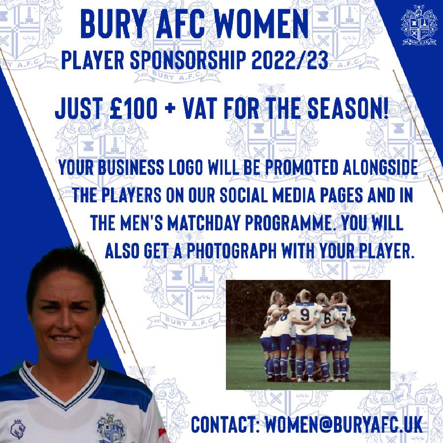 BuryFCU23's tweet photo. ⚪️🔵 PLAYER SPONSORSHIP ⚪️🔵

Contact: women@buryafc.uk to sponsor a player for this season. 

#BuryAFC | #ProudToBe | #HerGameToo https://t.co/rSLmG8FXpV