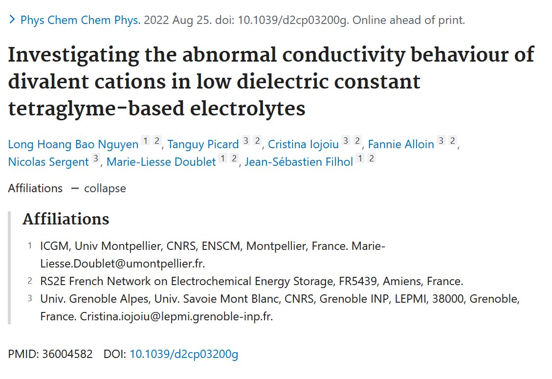 EnergyRS2E's tweet photo. ▶️Recent article about #divalent #cations, #electrolytes, #Lithium-Ion #batteries, and #electrocatalysts.
10.1039/d2cp03200g
@INC_CNRS, @univpaulvalery, @UGrenobleAlpes, @Univ_Savoie, @GrenobleINP, #LEPMI, #ICGM https://t.co/dI1BVwyLNj