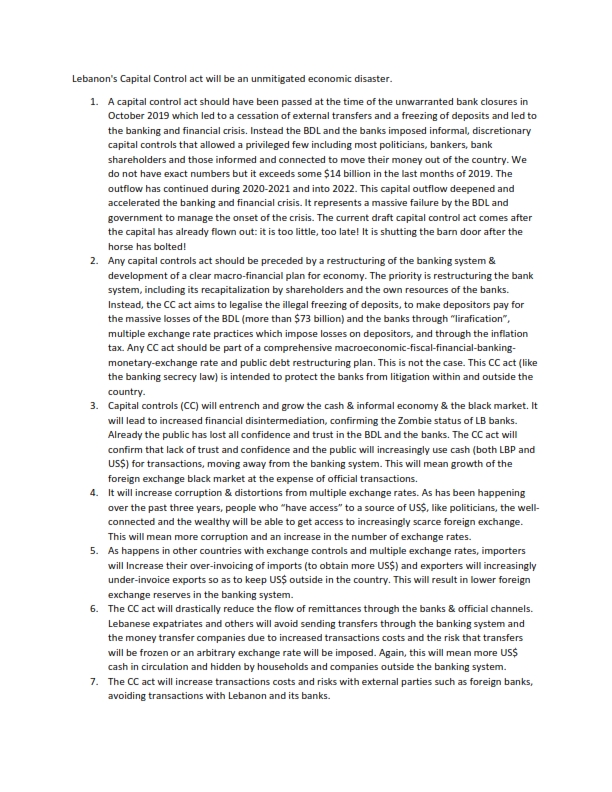 Nasser_Saidi's tweet photo. #Lebanon's draft Capital Control act will be an unmitigated economic disaster &amp; will not achieve its intended policy objectives. It is a major policy mistake.Mikati government &amp; BDL want to protect the special interests of banks at the expense of depositors and the general public https://t.co/wLKsqKIcxP