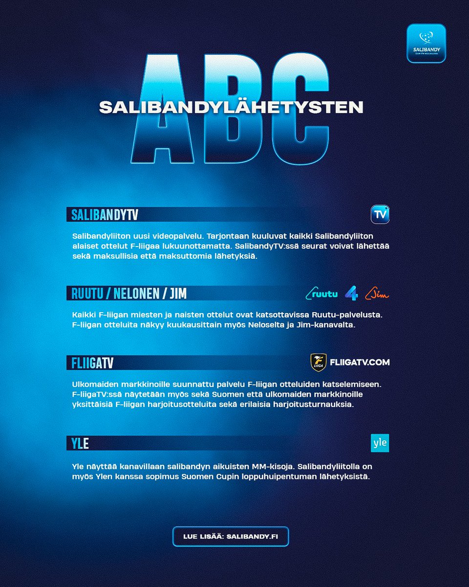 Kuvassa tiivistettynä salibandylähetysten ABC – SalibandyTV, Ruutu, F-liigaTV ja YLE! 📺🧐

Katso linkin takaa tarkempi selvitys salibandykauden 2022-2023 lähetyksistä: bit.ly/3pQ3vvi

#salibandy #salibandyTV #fliigatv #fliiga #salibandyliitto