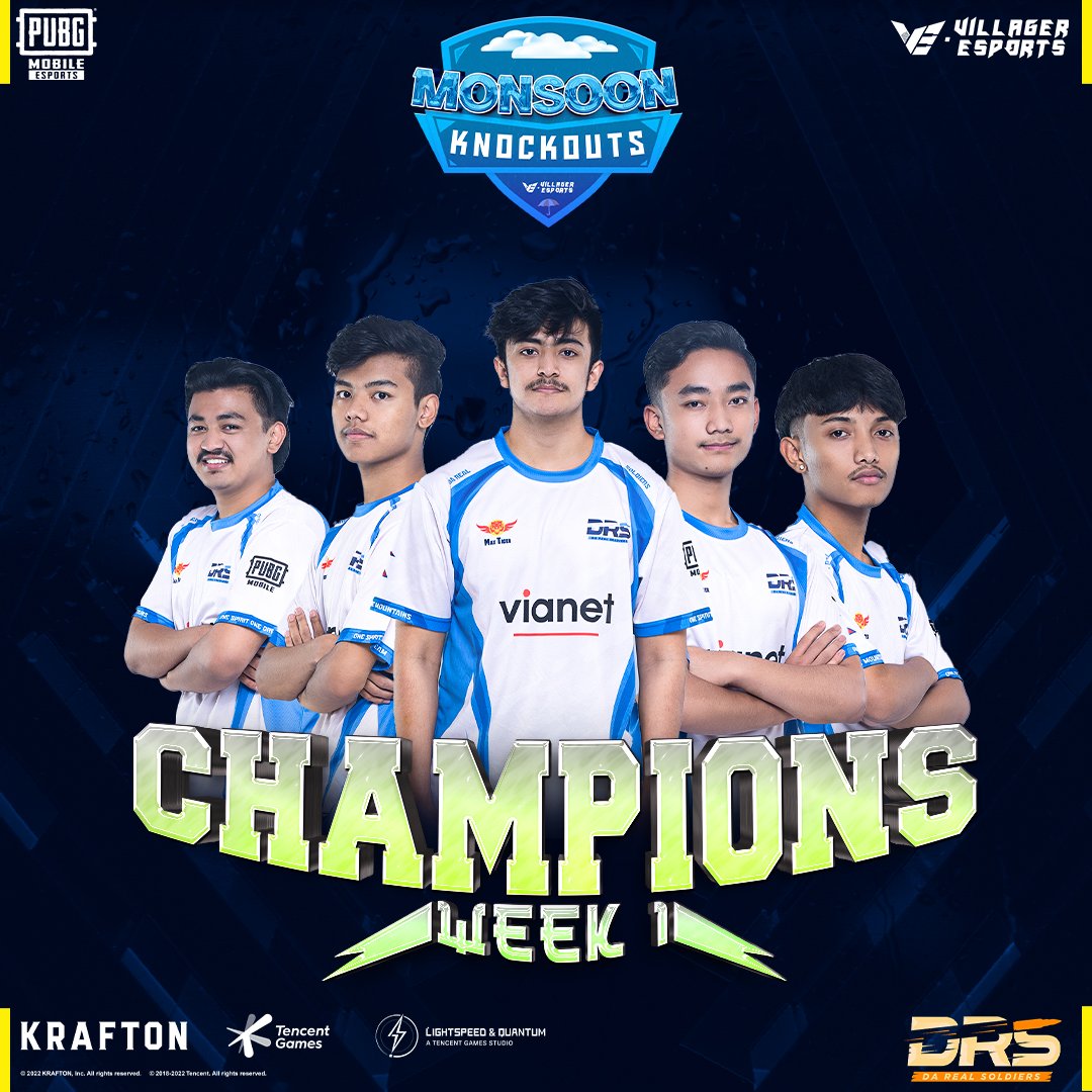 VillagerAsia's tweet photo. DRS Gaming have given it all to win the 1st week of VE PUBG Mobile Monsoon Knockouts and to be crowned as the current champions 👑

Can DRS Gaming win it back to back ❓

Week 2 ~ 12th to 15th September

 #VillagerEsports #MonsoonKnockouts #pubgmobile #pubg #Gaming #Esports #VE https://t.co/AoJvZKNusw