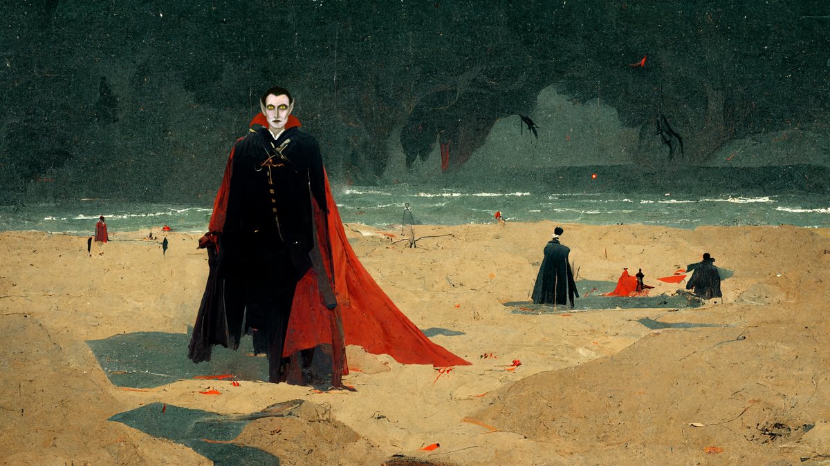 RogerAn3D's tweet photo. Day 10 of my AI-generated art: #Dracula at the #Beach
Really enjoyed using both DALL-E (for the faces) &amp; #Midjourney (for the bodies &amp; bg) on this series!  #ai #aiart #vampires #summer https://t.co/j7CdFSsfkw