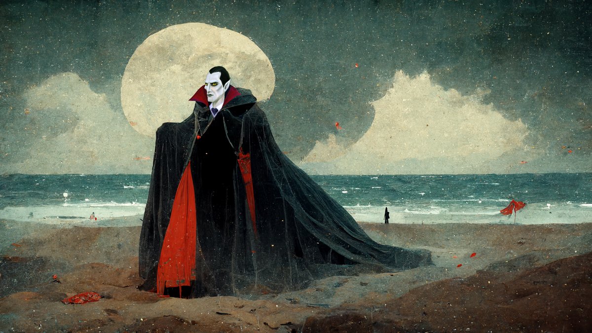 RogerAn3D's tweet photo. Day 10 of my AI-generated art: #Dracula at the #Beach
Really enjoyed using both DALL-E (for the faces) &amp; #Midjourney (for the bodies &amp; bg) on this series!  #ai #aiart #vampires #summer https://t.co/j7CdFSsfkw