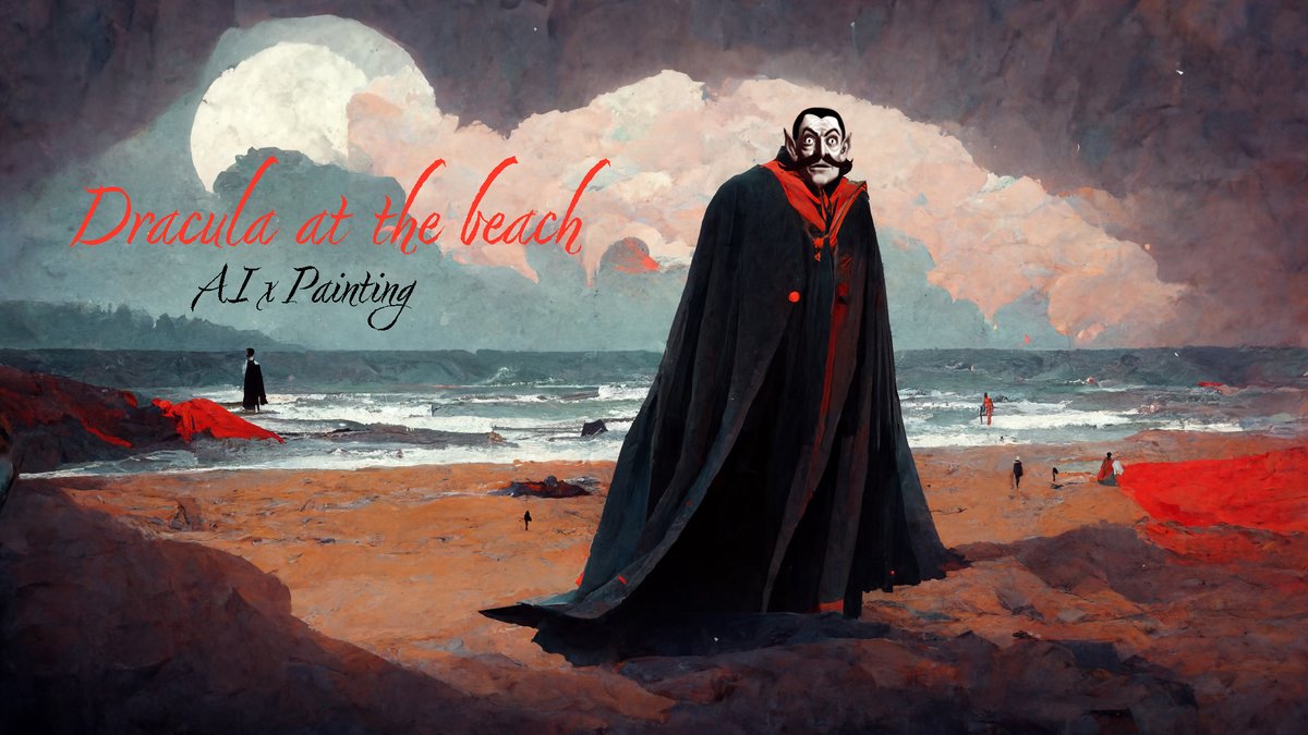 RogerAn3D's tweet photo. Day 10 of my AI-generated art: #Dracula at the #Beach
Really enjoyed using both DALL-E (for the faces) &amp; #Midjourney (for the bodies &amp; bg) on this series!  #ai #aiart #vampires #summer https://t.co/j7CdFSsfkw