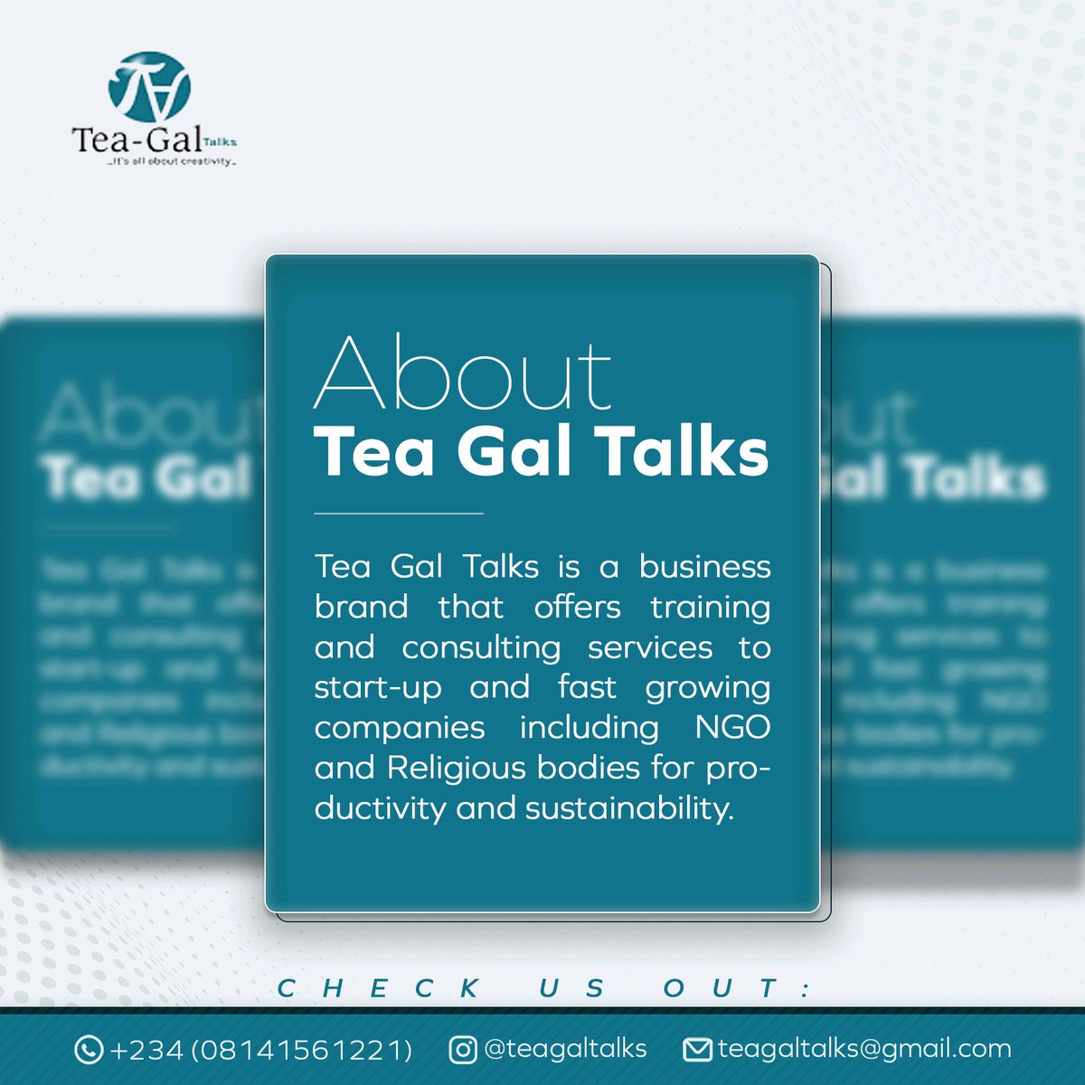 teagaltalks's tweet photo. What we do?
Training & consulting services
Chat us up for any of these services.
We are here to serve.
#monday #morning #consultant #training #teagaltalks #talks https://t.co/3WZEnzPS4K