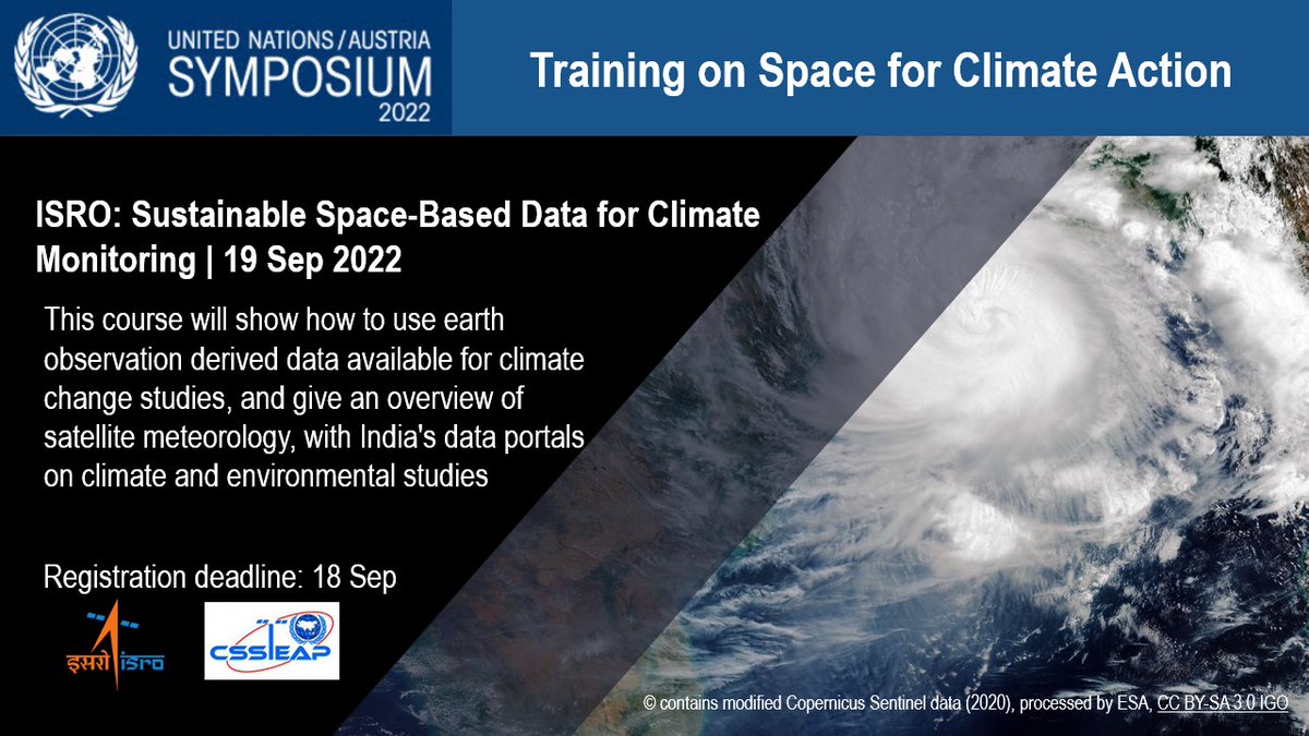 UNOOSA's tweet photo. Want to learn how to use #earthobservation🌍 data for #climatechange studies? Curious about satellite🛰️ #meteorology?
#UNOOSA is partnering with @isro & #CSSTEAP to provide training with India's 🇮🇳 data portals on 19 Sep!
Register by 17 September 👉 https://t.co/NwU6nGKjDv https://t.co/psp0Jh3grS