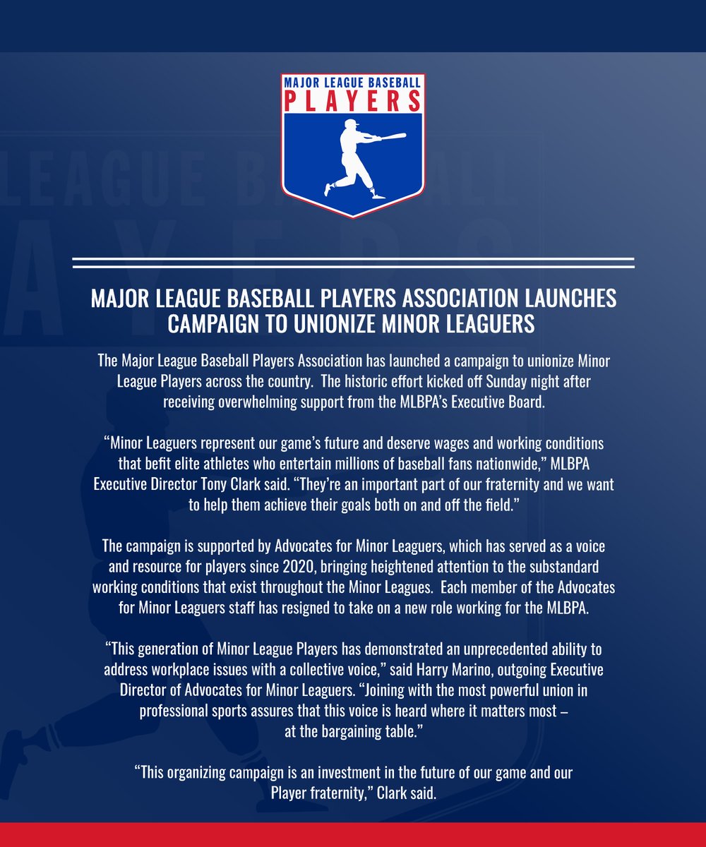 The Major League Baseball Players Association has launched a campaign to unionize Minor League Players across the country #1u #FairBall