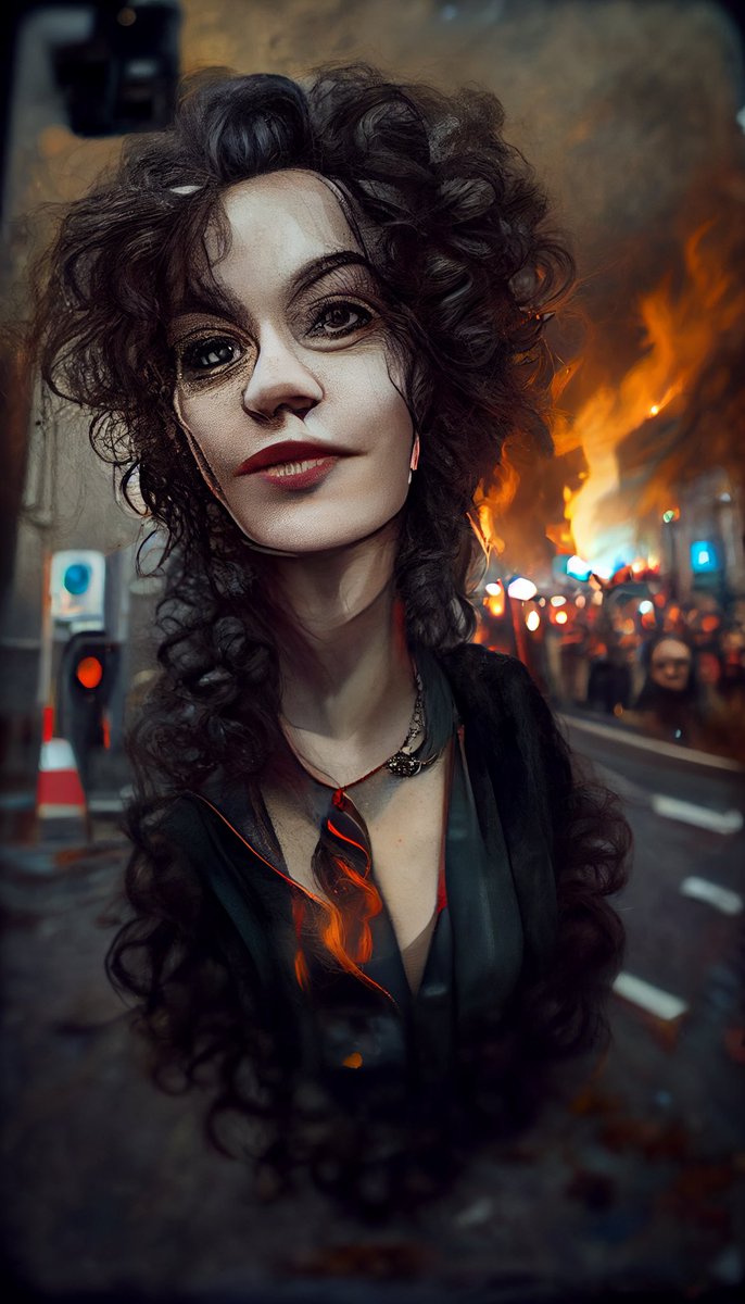 Distinguish_g's tweet photo. #1
I have a few days of doom rolling 😂 Bellatrix Lestrange takes a selfie at burning streets #HarryPotter #HogwartsLegacy #WizardingWorld #wizard #midjourney #midjourneyAi #midjourneyart #ai #aiart #aiartcommunity #AiArtwork #stablediffusion #dalle2 https://t.co/aEnHzbIbez