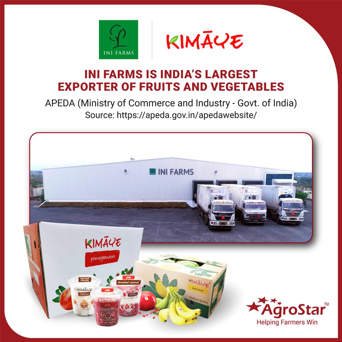 agrostar_in's tweet photo. A proud moment for us as INI Farms @Kimaye_INI  now holds the coveted #National position as India's largest #exporter of #Fruits and #Vegetables. 🙏😊

@PiyushGoyal @APEDADOC @CimGOI @ShardulSheth @SitanshuSheth @pankaj_ini @PurnimaKhandelwal 

#AatmaNirbharKrishi #DigitalIndia https://t.co/FSY8kOIj9n