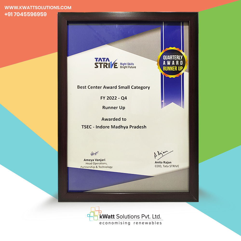 kwatt_solutions's tweet photo. We are happy to announce that #kwattsolutions Indore Center is recognized with an award for Best Center Award Small Category for FY 2022 by @TataSTRIVE
#solarbusiness #solarenergy #kwattsolutions #solarpanels #solarpower #solarrooftops #solar #renewablenergy #renewable https://t.co/MYEfbuH3QO