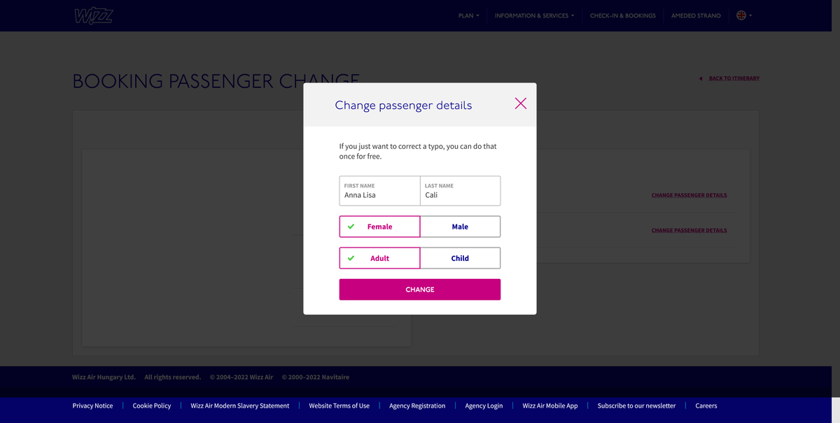 amedeostrano's tweet photo. @wizzair what a shame to ask us to pay €47 to correct a genuine mistake in the surname! I could understand if we were changing to a different passenger but we just made a mistake with my wife's second name! This is profiting from your passengers mistakes. https://t.co/W7IdoQK3xu