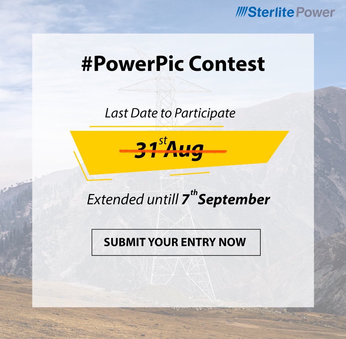 SterlitElectric's tweet photo. Weβve received an overwhelming response on the #PowerPic Contest. And so, weβre extending the deadline to submit your entries until 7th Sepβ2022.
Send in your entries today and get a chance to win exciting prizes!
#contestalert #giveaway #giveawayalert #giveawayindia https://t.co/t0aswz3U5J