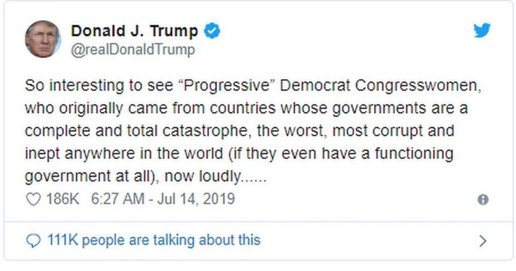 RageReminder's tweet photo. Another day without apology: on 7.14.19, #racistPresident @realDonaldTrump suggested that Congresswomen "go back [to the countries]...from which they came." https://t.co/pL5ricpSyR