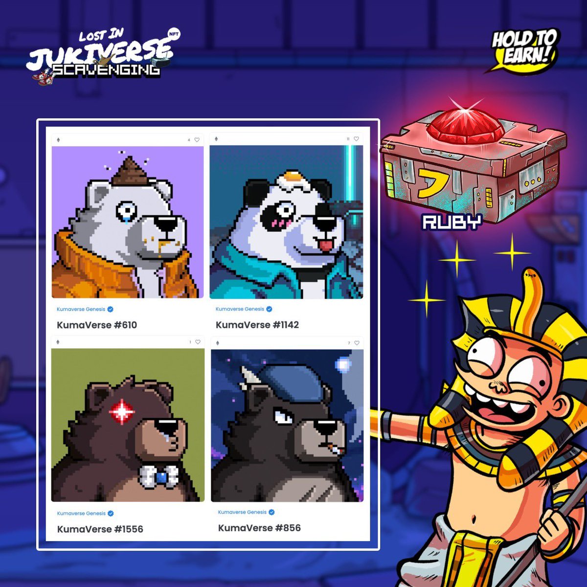 JukiverseNFT's tweet photo. If you’re crafting Diamond as your prize, you can get @RTFKT , @veefriends , @alienfrens , and @ThePlugPass . But if you’re crafting Ruby, you can get series of @KumaverseNFT

#JukiverseScavenging https://t.co/hYJkn6iZvX