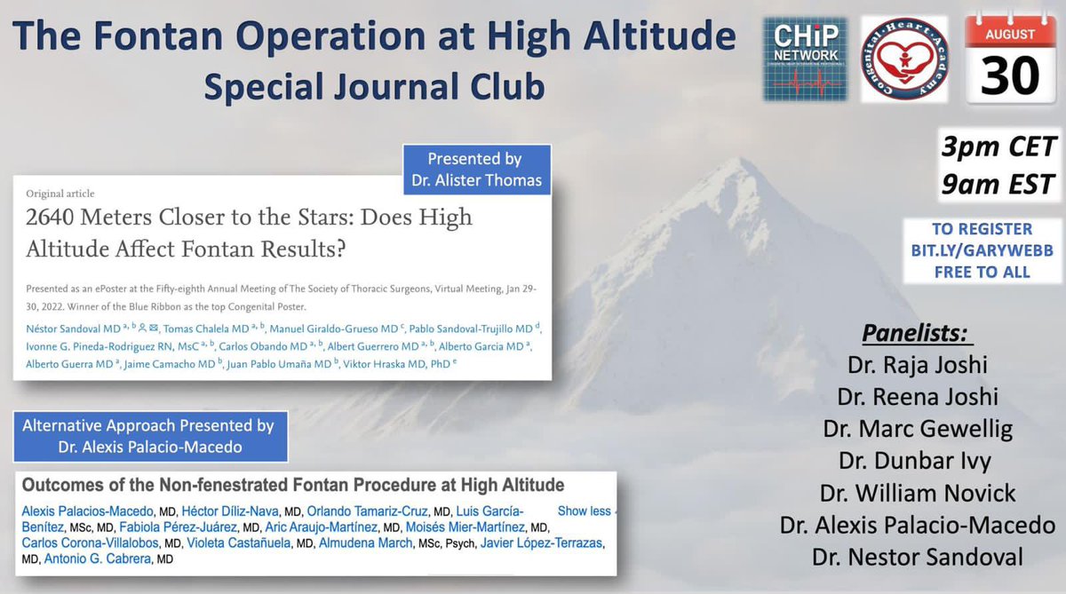 FANTASTIC Journal Club regarding the strategies and outcomes of the #Fontan operation at High Altitude. Differing perspectives from Colombia and Mexico - Panelists Dr. Raja Joshi, Dr. Reena Joshi, Dr. Marc Gewillig, Dr. Dunbar Ivy and Dr.Novick Register at bit.ly/GARYWEBB