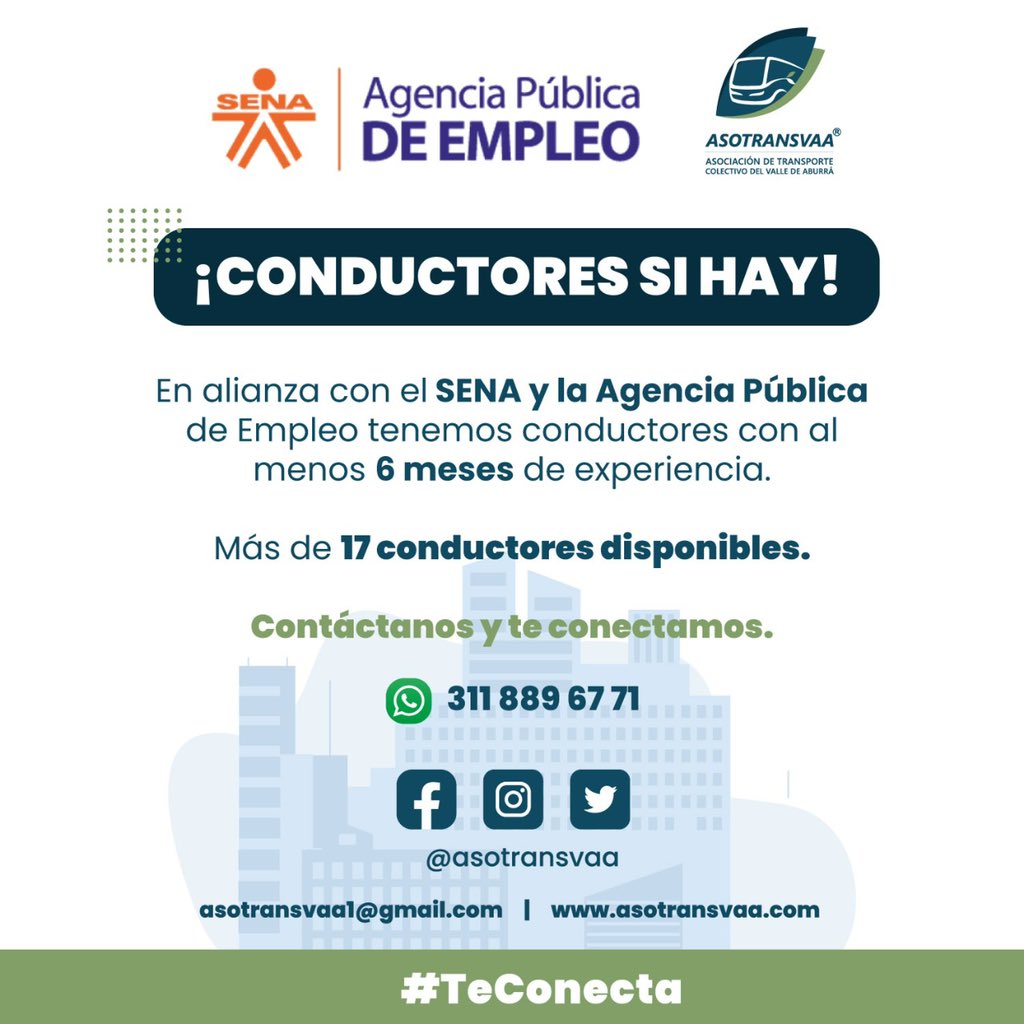 ¡CONDUCTORES SI HAY! 

En alianza con <a href="/senacomunica/">SENA</a> y la APP seguimos recibiendo hojas de vida de conductores con experiencia que buscan trabajar. 🚍✅

Tenemos más de 17 conductores disponibles. 

Contáctanos ⚡️

#asotransvaateconecta #medellin #transportepúblico