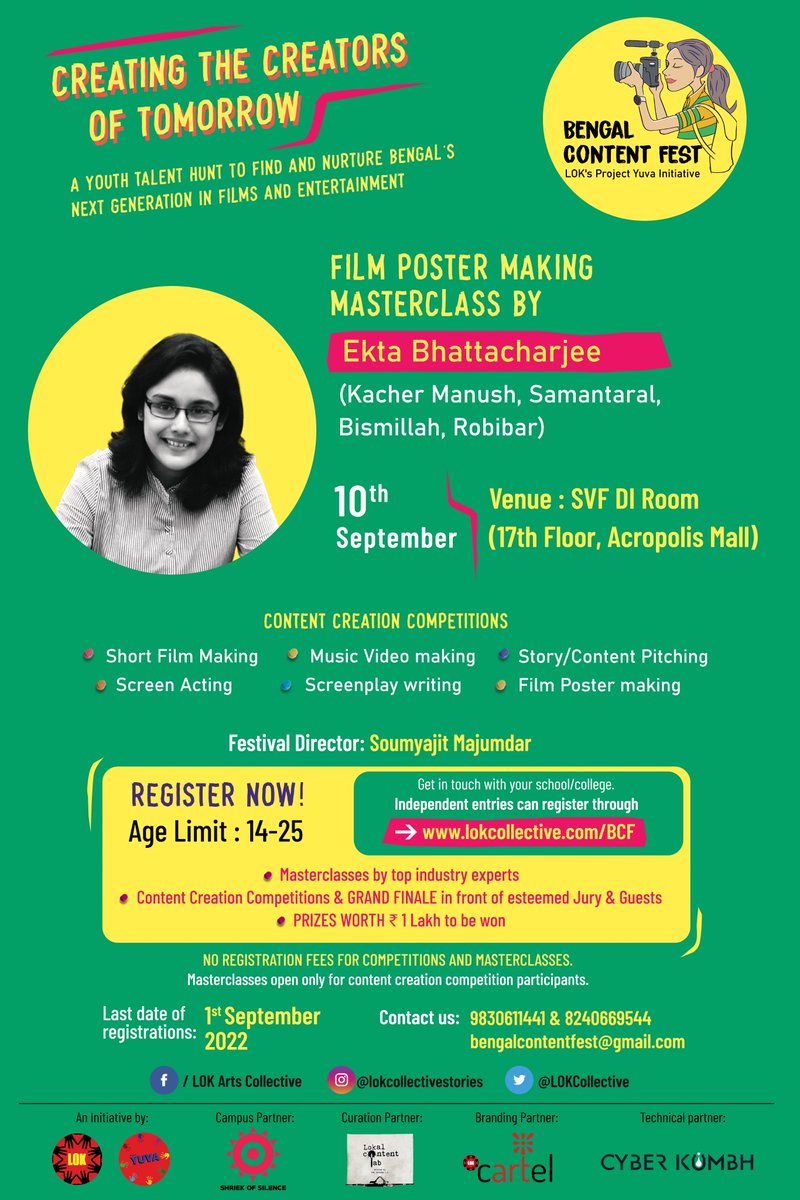 Know more about the art of designing posters and publicity design for films from Ekta Bhattacharya at #BCF -LOK Project Yuva's initiative Bengal Content Fest supported by #SVF. 

Register now on lokcollective.com/BCF

<a href="/LOKCollective/">Lok Arts Collective</a> <a href="/soumyajitLOK/">soumyajit majumdar</a> <a href="/AhanaSVF/">AhanaK</a> <a href="/abhishekdagaa/">abhishek daga</a>