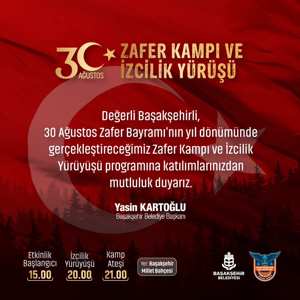 yasinkartoglu's tweet photo. Milletimizin en büyük zaferi, birliğimizin ve hürriyetimizin en kutlu mücadelesi 30 Ağustos Zafer Bayramı'nın 100'üncü yılında Zafer Kampı ve İzcilik Yürüyüşü'ne tüm komşularımızı bekliyorum. 

📍Başakşehir Millet Bahçesi https://t.co/KcA0dAu0yy