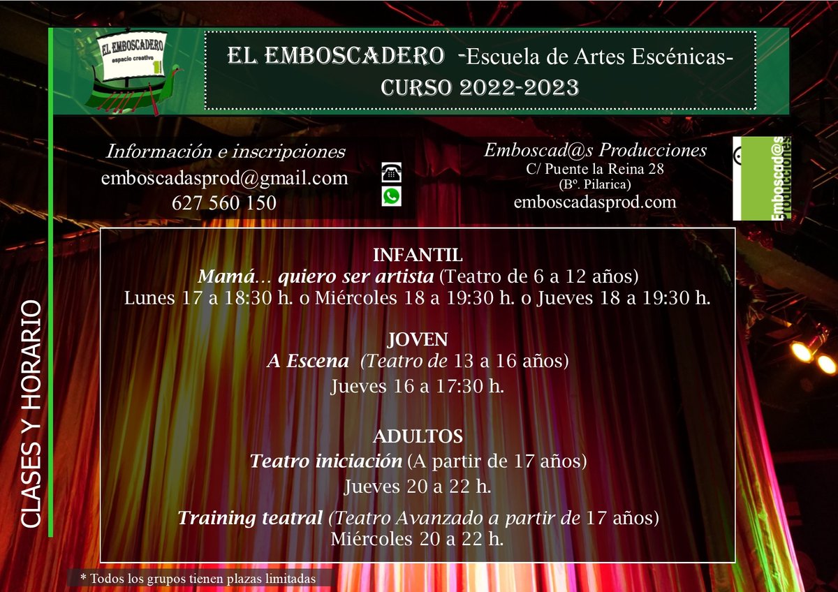 EmboscadasProd's tweet photo. ¡Arrancamos curso! Ojo que para algunos grupos ya quedan pocas plazas. Toda la info aquí 👇👇👇👇 https://t.co/rSfSde1f9c

#emboscadasrules
#formacionteatral
#somosartesa
#culturadecalidad https://t.co/6wTrJffBZ8