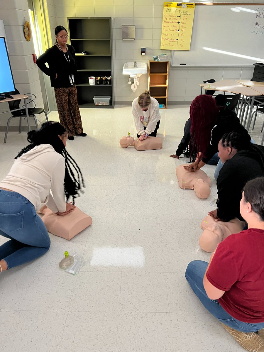 peachschools's tweet photo. The students in the new Nurse Aid program at Peach County High School kicked off their first day of class getting CPR certified. At the end of the year, these students will be able to take an exam and earn their Nursing Aide Certification. https://t.co/kdfMgj4s1Y