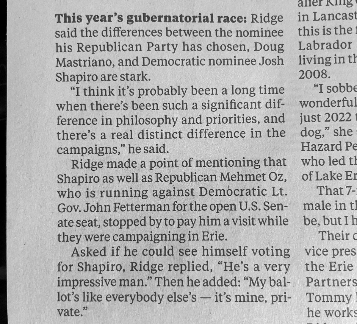 jjabbott's tweet photo. Former #PAGOV Tom Ridge (R) declines to endorse his party’s nominee Doug Mastriano and calls @JoshShapiroPA a “very impressive man” in @PennLive interview. https://t.co/L5EFZ4Stun