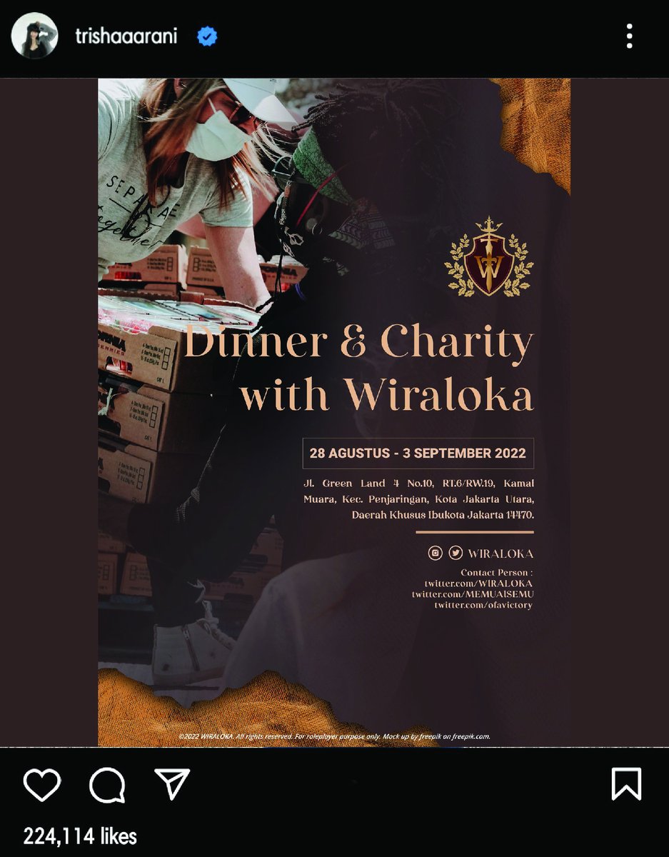 rewiends's tweet photo. ㅤㅤ

𝘁𝗿𝗶𝘀𝗵𝗮𝗮𝗮𝗿𝗮𝗻𝗶
♡ 224,114

Gue hari ini ingin memberikan kabar baik kalau @WlRALOKA donasi yang bertajuk "Dinner &amp; Charity with Wiraloka" tanggal 28 agustus sampai 3 september. Yuk yang ingin ikut, cek tautan dibawah!

📎 https://t.co/6ebks6X4Zs

ㅤㅤ https://t.co/SktP5wnQlR
