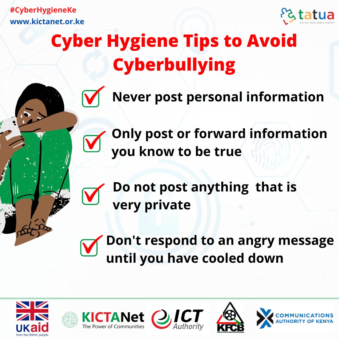 KICTANet's tweet photo. Cyberbullying is one of the risks you may face when using social media and messaging platforms.  Sharing negative, harmful, false or unkind content about someone else causes them embarrassment or humiliation
https://t.co/aeN86cIy4p
#cyberhygieneke ^EJ https://t.co/B3B4Yknjaz