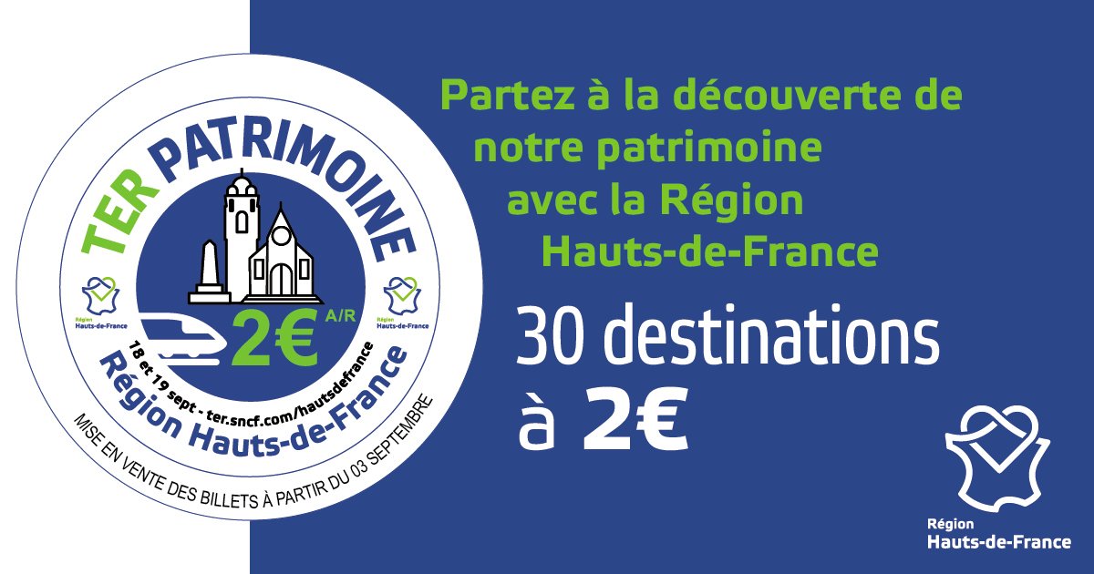 La Région #hautsdefrance vous propose une offre très avantageuse pour profiter des #JournéesDuPatrimoine !

✅ Des billets de TER à 2️⃣ euros l’aller-retour !

📌 Réservez vos places à partir du 6 septembre.

➕ Infos ➡️ ow.ly/ENRa50Kuncj