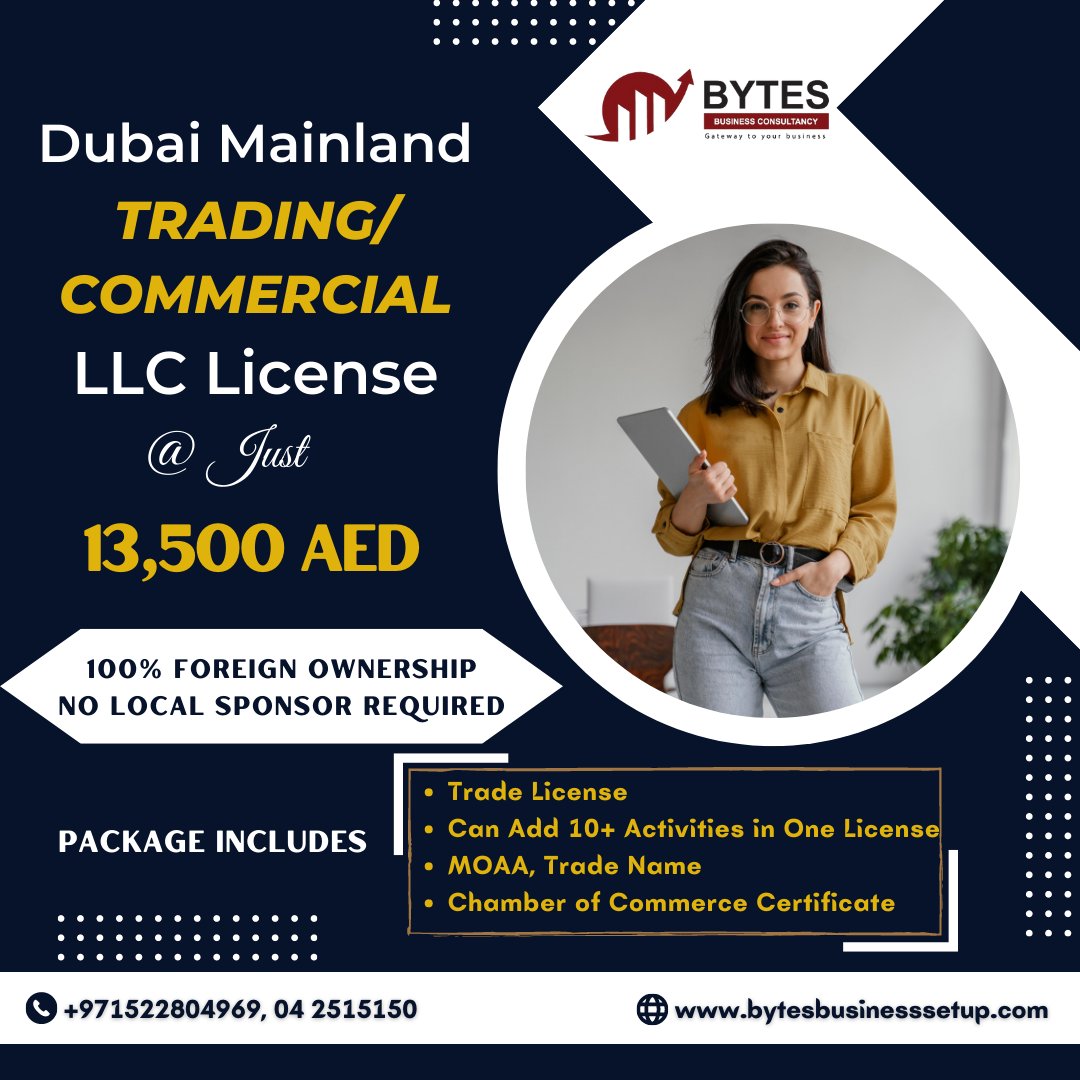 bytes_business's tweet photo. Special Business Setup Package!!! 
Dubai Mainland Trading/Commercial License at just 13,500 AED

#dubaimainland #100percentownership #tradinglicense #tradingllclicensedubai #LLCLicense  #commerciallicensedubai #dubai #uae #bytesbusinesssetup https://t.co/5Z5o3sNChR