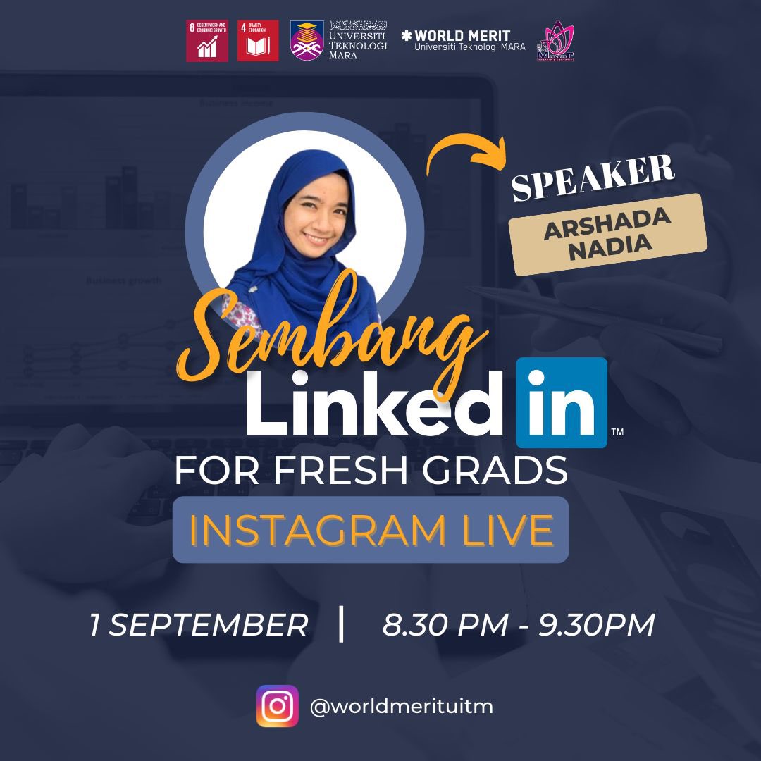 WorldMeritUiTM's tweet photo. Don't forget to catch us on session called, "Linkedln Santai Session: Beginner's Guide for Fresh Graduates". The session details are as follow:

🎙️Speaker: Arshada Nadia
📅Date: 1 September 2022
⏰Time: 8.30 PM - 9.30 PM
📍Venue: Instagram Live at @worldmerituitm ⭐️⭐️⭐️ https://t.co/RimX2ffU2D