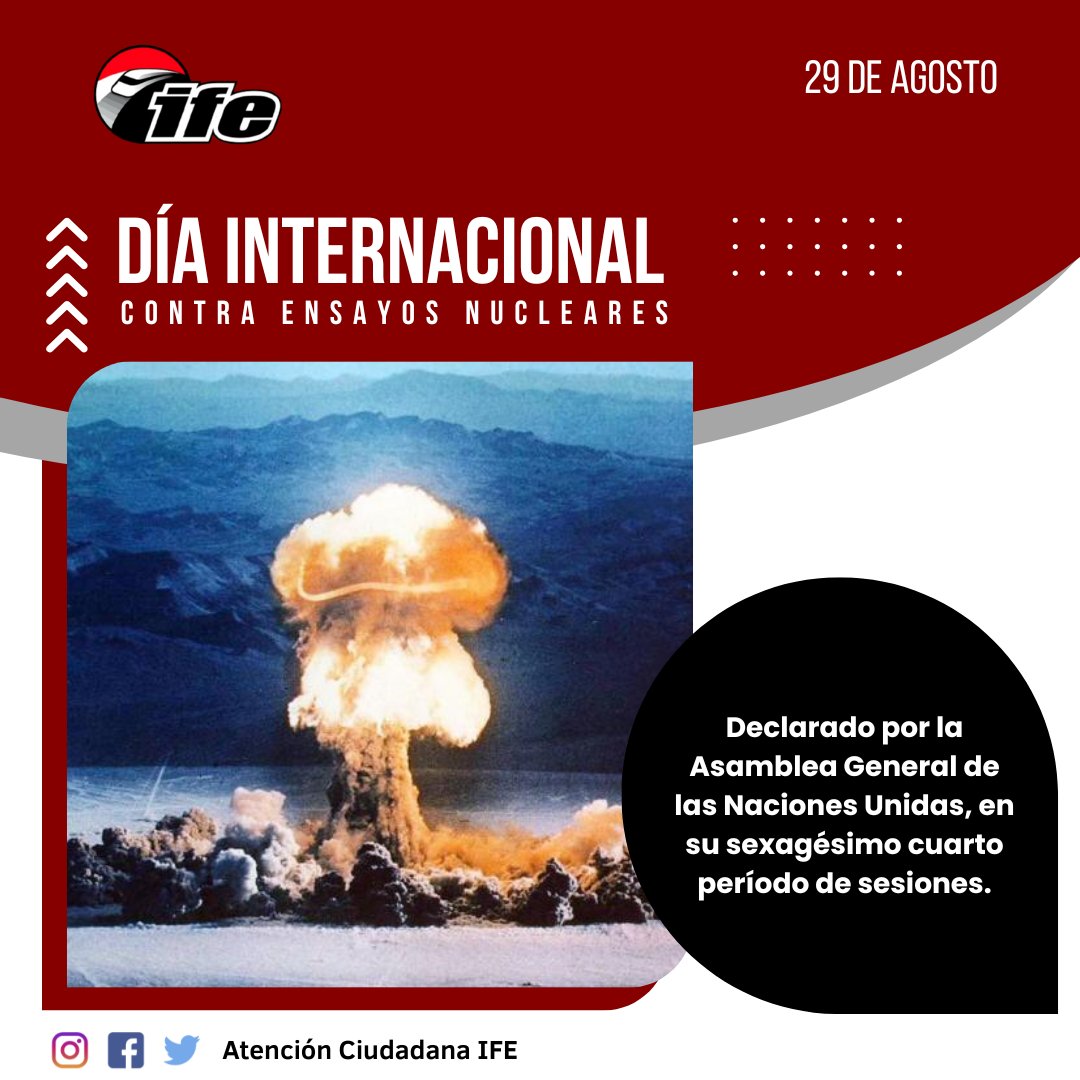 OAC_IFE2020's tweet photo. #29agosto #Efemérides Desde el año 2009 por resolución de la Organización de Naciones Unidas, se conmemora el Día Internacional contra los Ensayos Nucleares. 

#PueblosUnidosPorLaPaz https://t.co/bxD3O1Jy5M