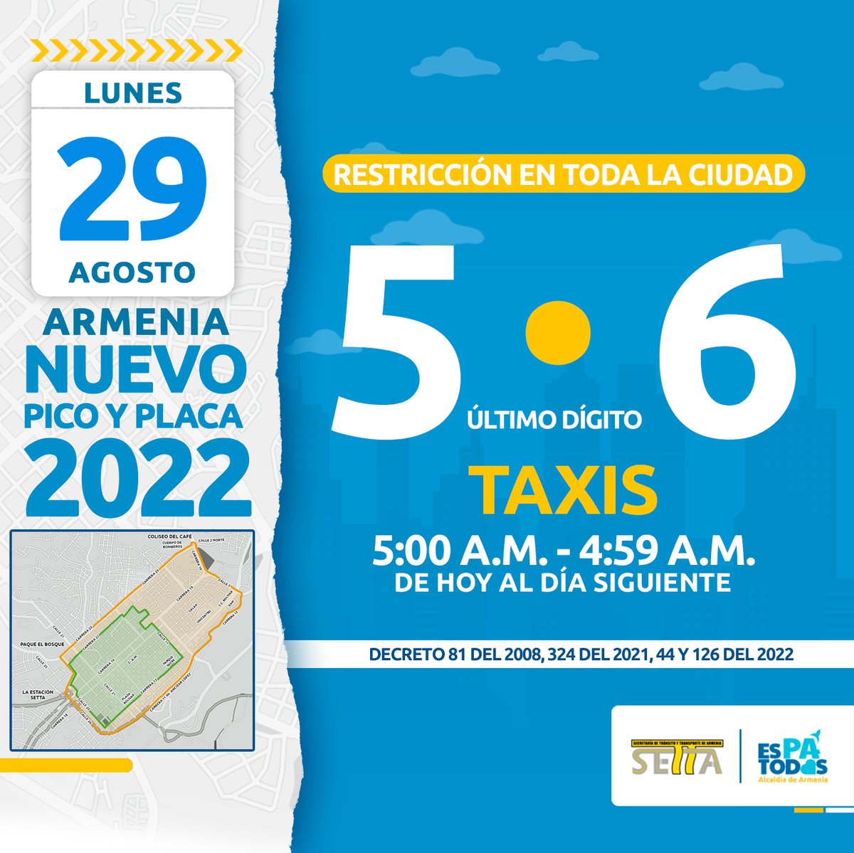 setta_armenia's tweet photo. Pico y placa para Taxis en Armenia hoy 29 de agosto. https://t.co/oMPSsmL951