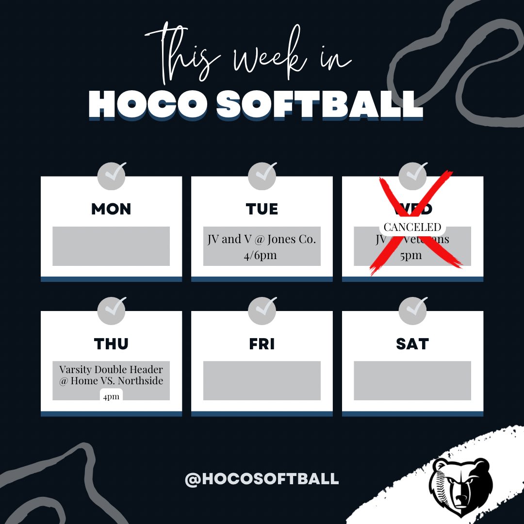 HoCoSoftball's tweet photo. Another week of Hoco softball! 💥 Varsity will be at home Thursday for a region DH vs. Northside. 🐻⬇️🥎 Jv game vs Veterans has been moved to September 14th at 5 pm. https://t.co/RZtCc3Zqpk