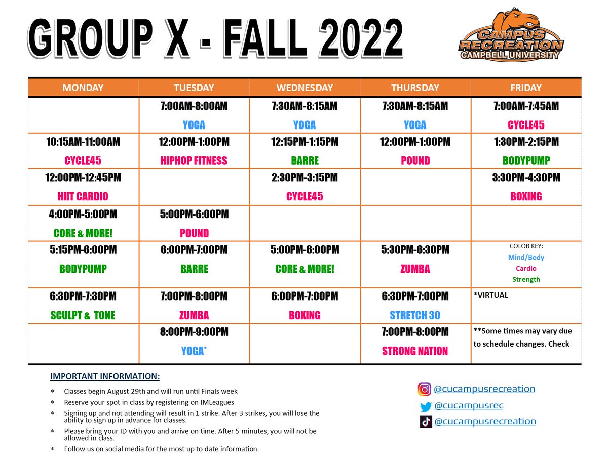GroupX classes have officially started! Here is the schedule for the Fall Semester. We can't wait to C U in class! #campbelluniversity #playwithpurpose