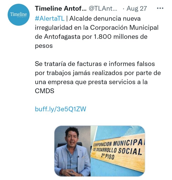 Haremos presentación al CDE 
x eventual malversación de fondos públicos en <a href="/cmds_antof/">CMDS Antofagasta</a> .El alcalde, quien tb es pdte d directorio d CMDS, debió estar al tanto d supuestas irregularidades ($1.800 mill). Esto se descubrió en marzo, porq 1 factoring fue a cobrar 1 plata #Antofagasta