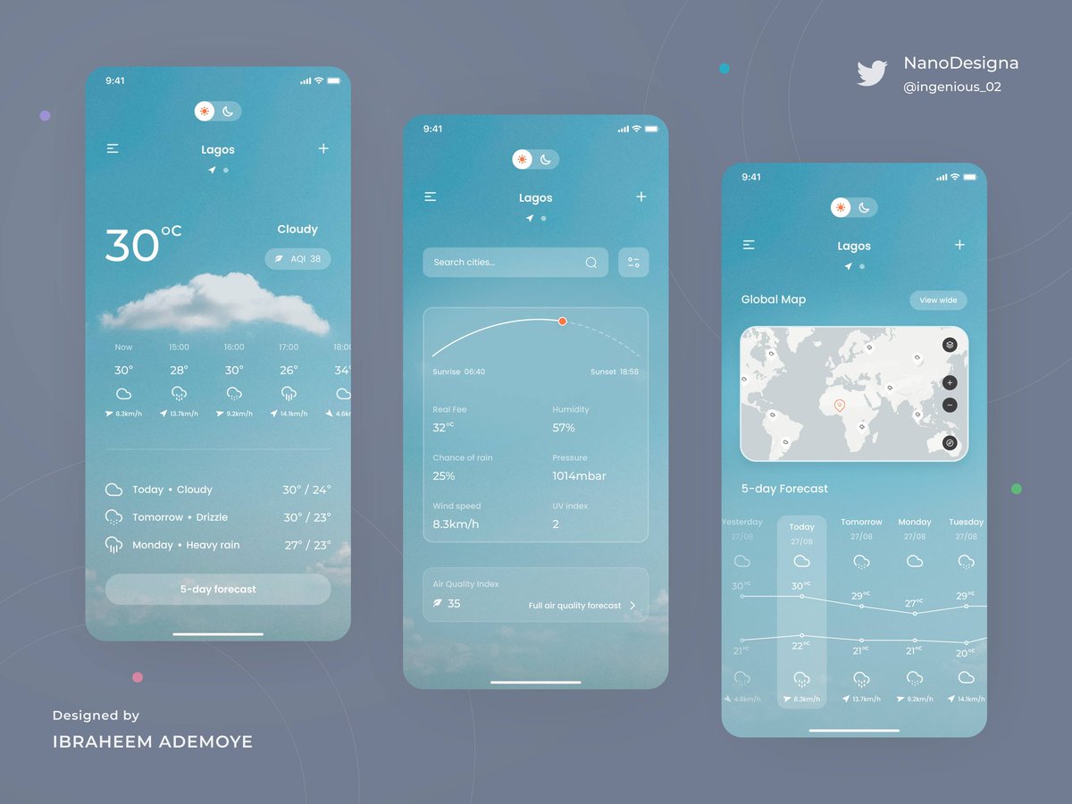ingenious_02's tweet photo. Day 27/30.
Weather App.
The goal was to design anything relating to weather to I came up with the idea of a weather app.
Which one do you like more (light VS dark)? Let me know below.
Your feedbacks are appreciated π
@ecxunilag #ECX30DaysofDesign #uidesign #designers #uiuxdesign https://t.co/0Py12iHf8w