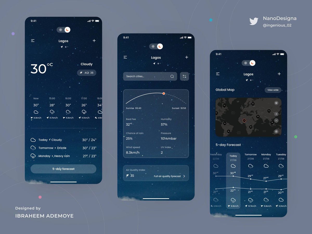 ingenious_02's tweet photo. Day 27/30.
Weather App.
The goal was to design anything relating to weather to I came up with the idea of a weather app.
Which one do you like more (light VS dark)? Let me know below.
Your feedbacks are appreciated π
@ecxunilag #ECX30DaysofDesign #uidesign #designers #uiuxdesign https://t.co/0Py12iHf8w