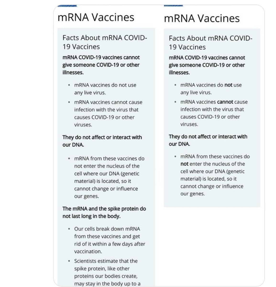 AlexBerenson's tweet photo. Hey, kids! See if you can figure out what @cdcgov changed in its discussion of the mRNA shots.

Turns out mRNA is the gift that keeps on giving! https://t.co/iHn3WIRPiC