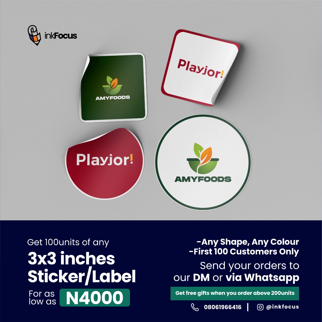inkfocusng's tweet photo. Are you branding your products or just want stickers for marketing?
Take advantage of our sticker promo and get your message out.
Slide into our DM. 
For more information:
Call/Whatsapp:+234 806 196 6416

#InkFocus #labels #Stickers https://t.co/TXy3Zo4LnX