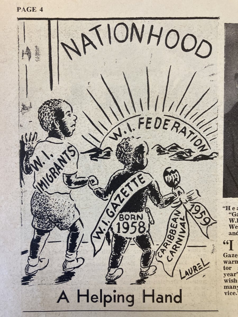Ellie_KT1's tweet photo. As it's carnival weekend, I thought I'd share one of my favourite carnival-related materials from the archives: a cartoon published in the West Indian Gazette in May 1959. As well as being organised in response to racial violence, carnival was also about Caribbean nationhood. https://t.co/H3jCNr4iqb