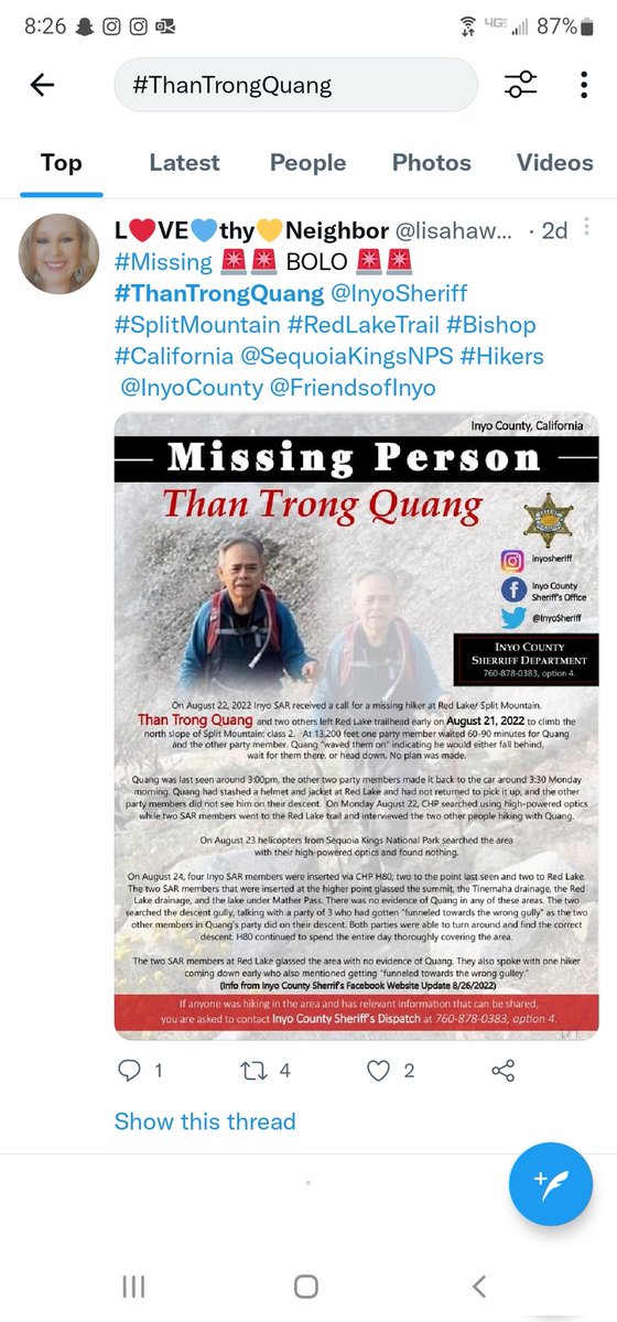 lisahawkfan's tweet photo. #Missing #Hiker #ThanTrongQuang @InyoSheriff #splitmountain #Redtailtrail #Bishop #California @SequoiaKingsNPS @InyoCounty @FriendsofInyo #missingpostermonday https://t.co/LDcQ4zvz7r