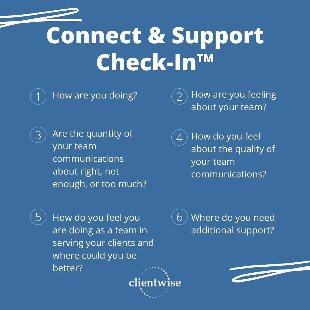 ClientWise's tweet image. Take the time today to reflect on the six Connect and Support Check-In™ questions. Leaders, use this tool to regularly check in with your team. It is important to remain connected and supportive of each other #clientwise #mondaycheckin #support #team