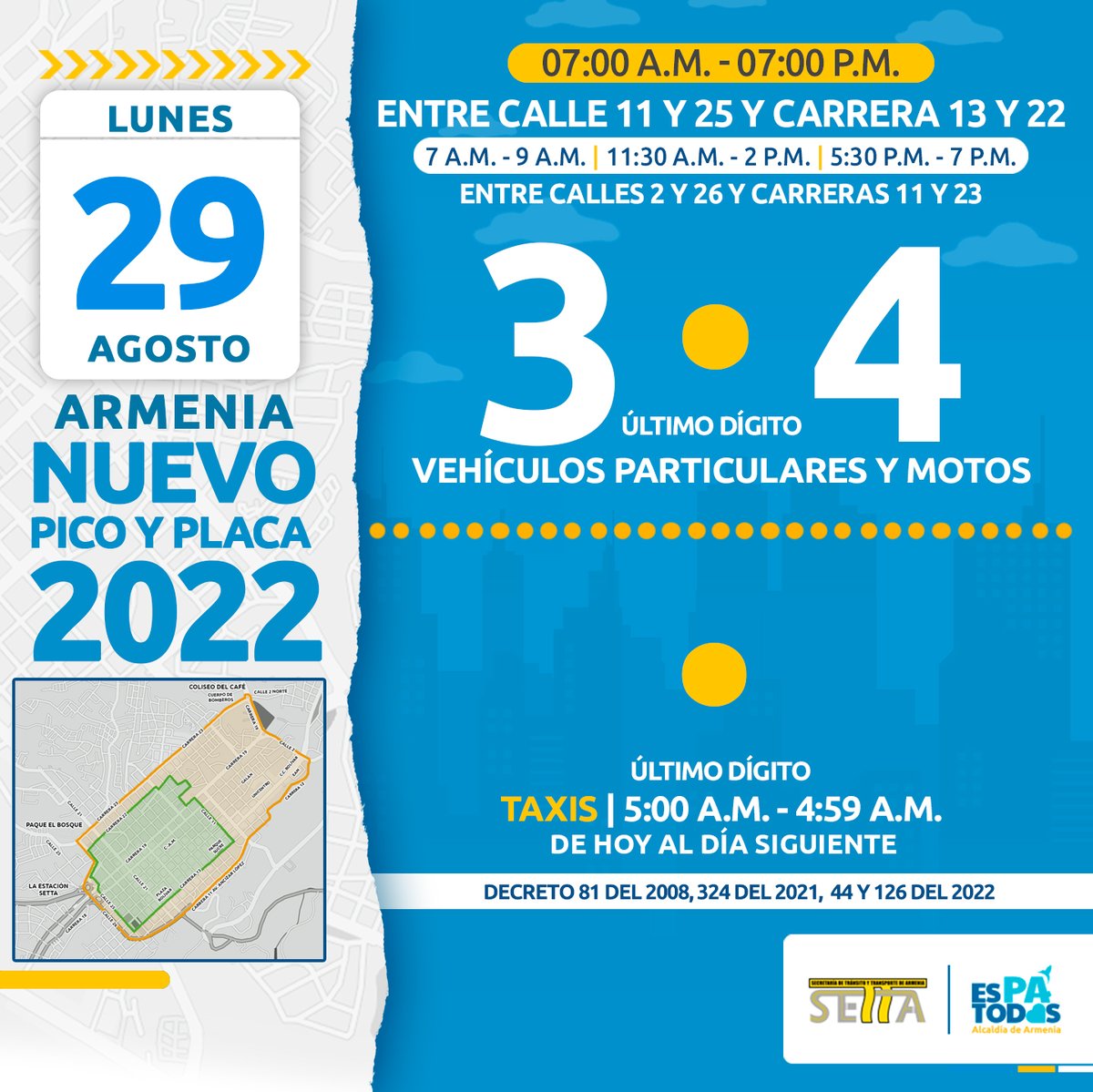 setta_armenia's tweet photo. Pico y placa para carros y motos particulares en la ciudad de Armenia. https://t.co/SxINajmcjR