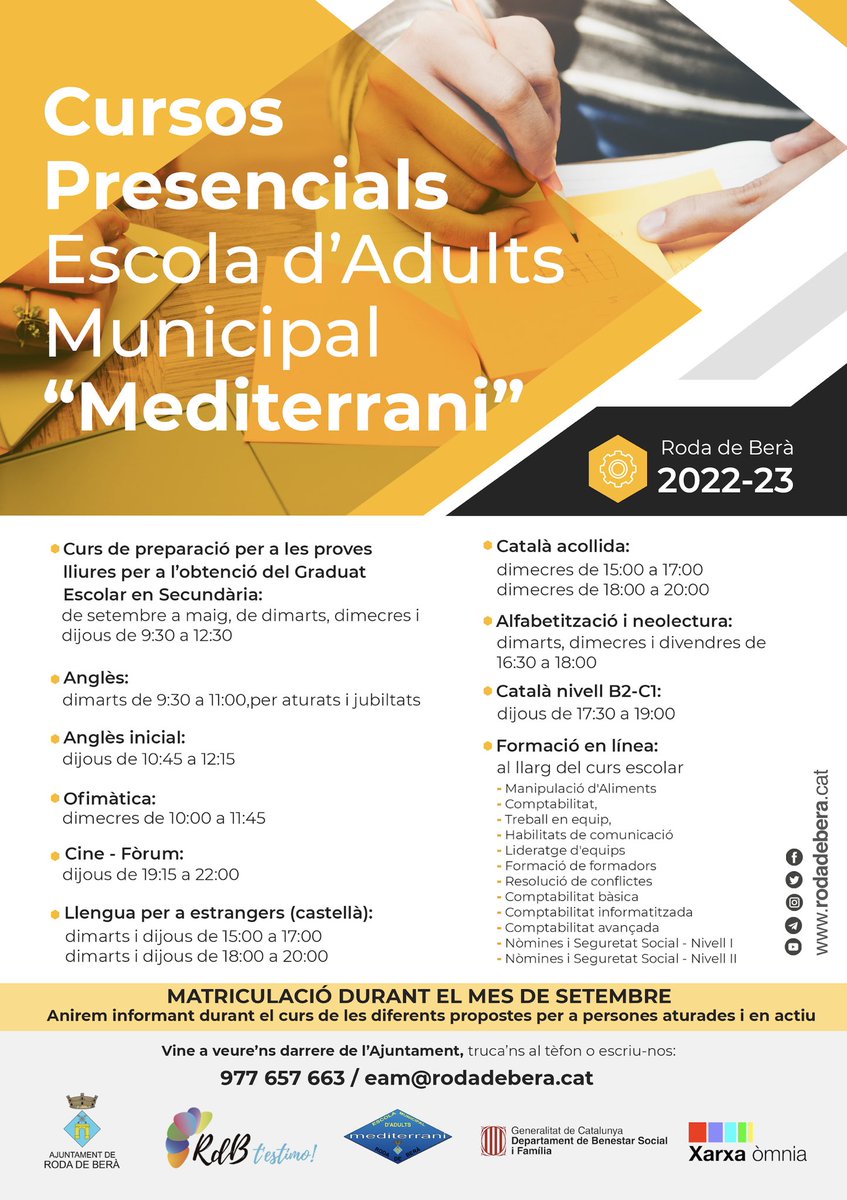 ajrodadebera's tweet photo. 👩🏼‍🏫 L’Escola d’Adults Municipal Mediterrani escalfa motors per donar el tret de sortida al curs 2022-23.

📆Les inscripcions es podran fer a partir de l’1 de setembre. 

👇🏼👇🏼 

#EscolaAdultsMediterrani #RodadeBerà #RdBtestimo https://t.co/DmX37ulfpU
