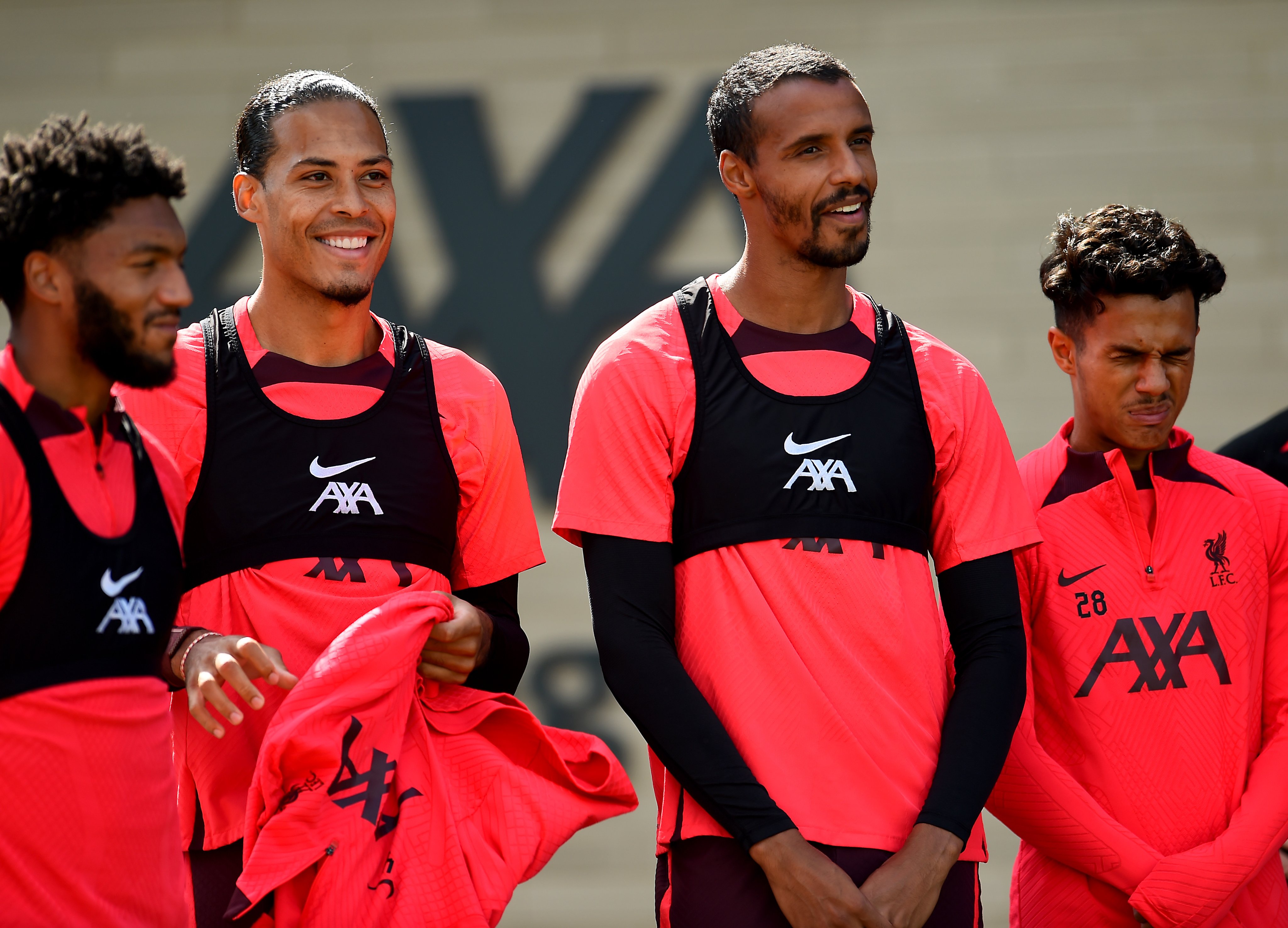 Joel Matip stood alongside Joe Gomez, Virgil van Dijk and Fabio Carvalho ahead of training at the AXA Training Centre.