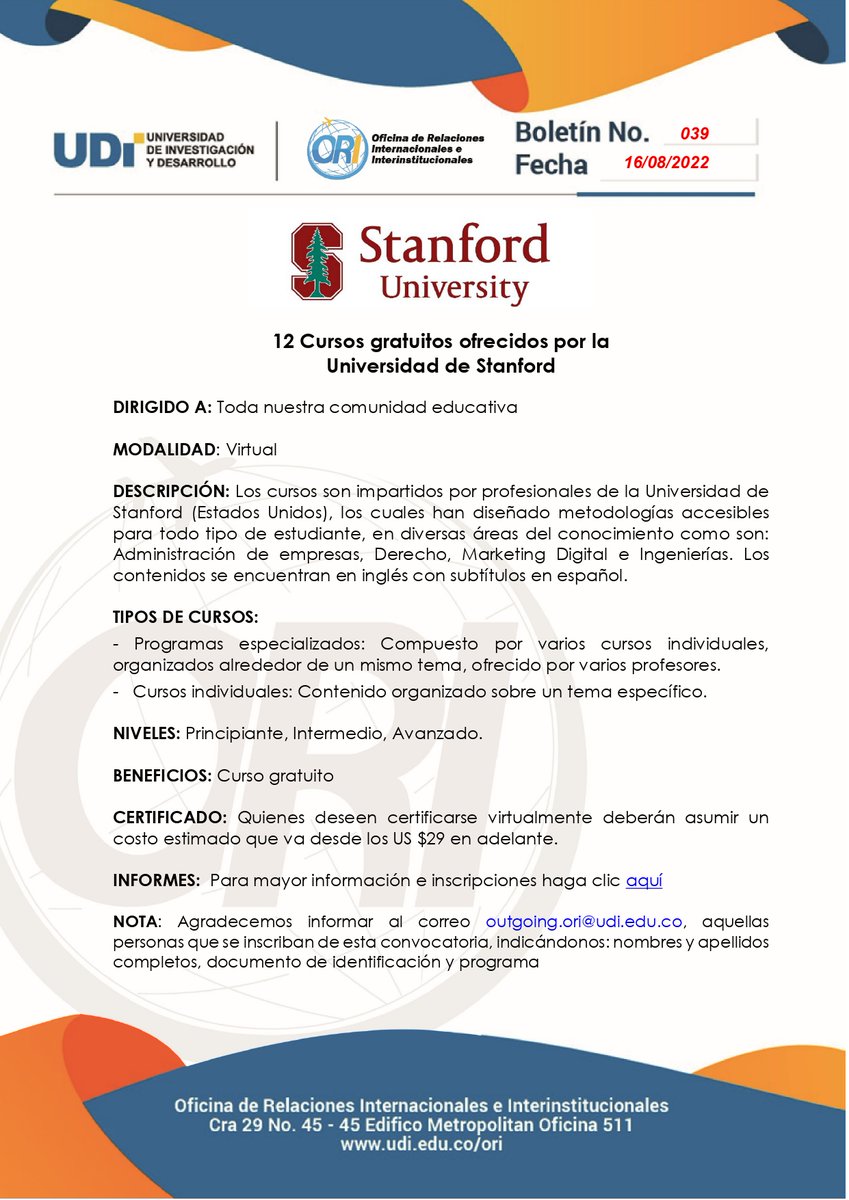 InfoUDI's tweet photo. #ComunicadoORI I Invitamos a toda nuestra comunidad educativa a participar de los 12 Cursos gratuitos ofrecidos por la Universidad de Stanford✅
Conoce mayor información 👉 https://t.co/NVIdblTVQE
#SomosUDI #Bucaramanga https://t.co/vClLsY5aKo